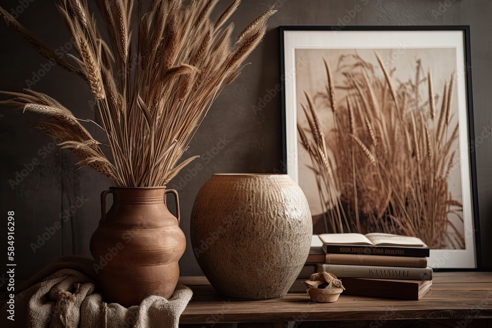 Vase with dried plants and artwork in chic room interior. Generative AI