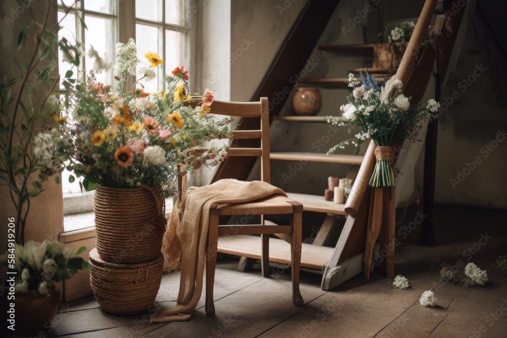 empty interior area with chair, stairs, and antique spring flower bouquets. Generative AI