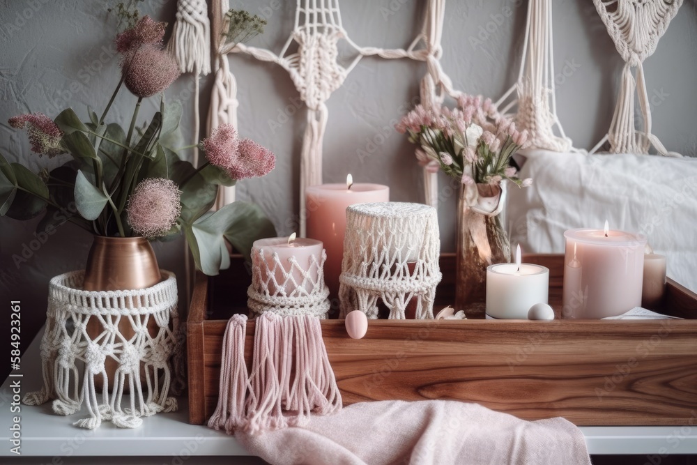 Spring bohemian home decor macrame wall hanging, white bedside table, ceramic vase with pink tulips,