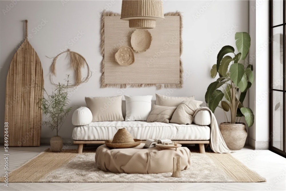 Beach bohemian living room interior backdrop, wall mockup,. Generative AI