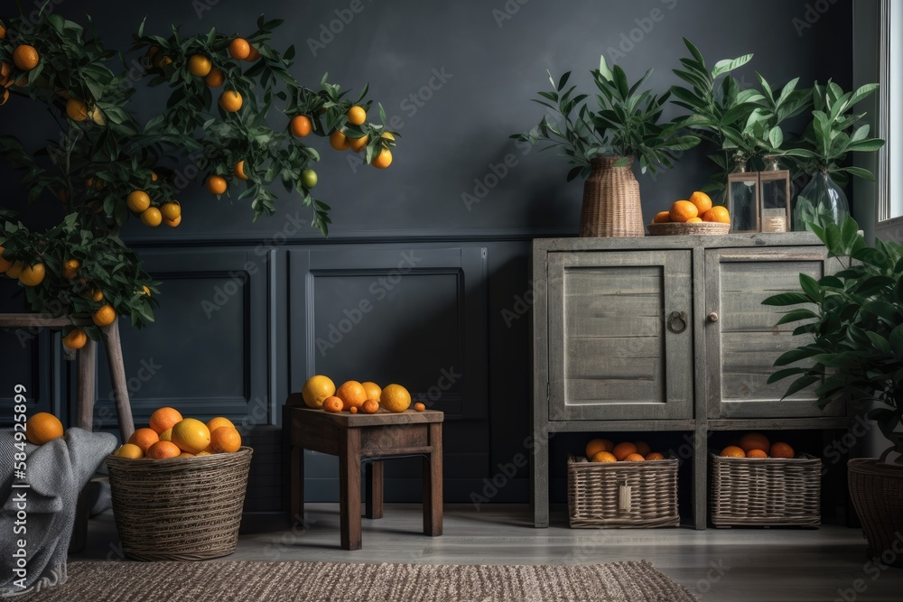 Elegant room with wooden cabinet and planted kumquat tree near grey wall. Generative AI