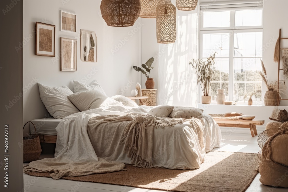 White boho bedroom with coffee table, straw light, and cozy bed with cushions, copy space. white dra