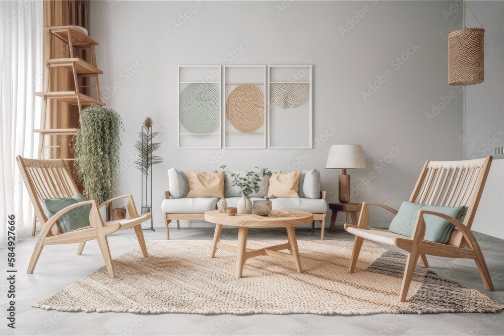 House interior mockup, pastel living room with wooden furniture,. Generative AI