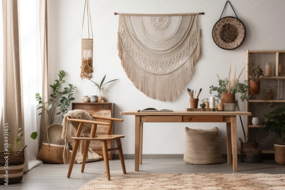 Macrame, dreamcatcher poster, and wooden desk in boho living room. Template. Mockup. Generative AI