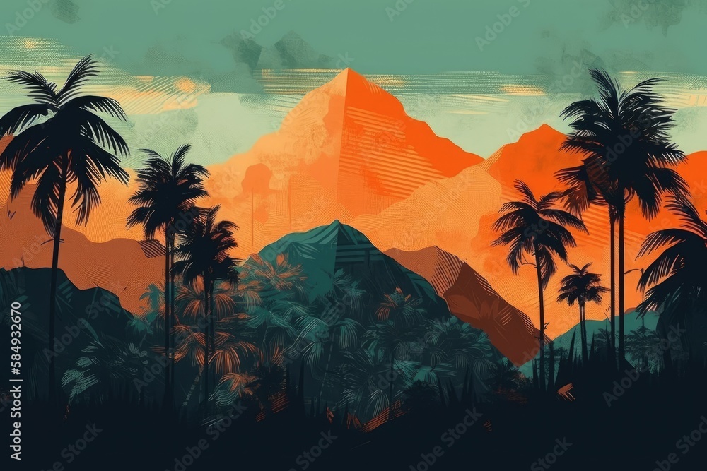 Gorgeous natural scenery coconut trees mountains and sun, simple art landscape, mountain wall art, a