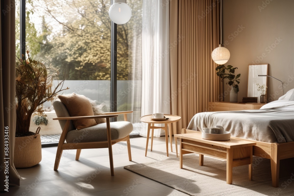 Elegant contemporary bedroom decor design. Scandinavian living room with armchair, hanging light, an