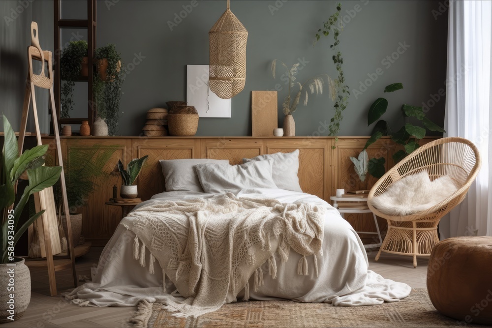 Bedroom with wooden bed, white armchair, macrame, cube, flowers in vase, books, and stylish accessor