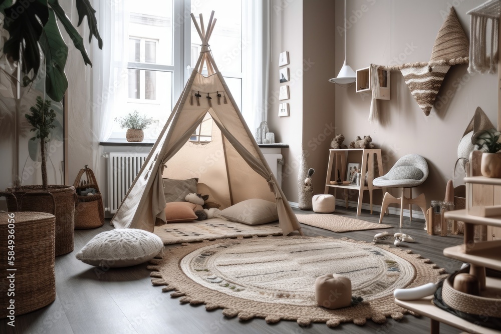 floor mounted beige childrens wigwam Nordic decor. Generative AI