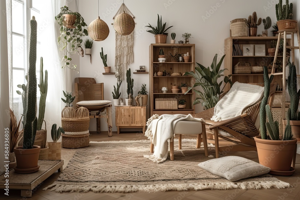 Elegant bohemian living room with wooden recliner, many plants, cactus, books, baskets, mock up pict