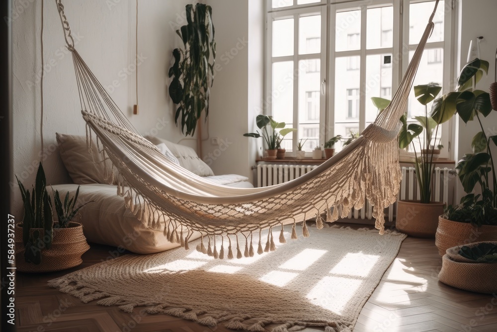 Pillow filled hammock in trendy room. Decor. Generative AI