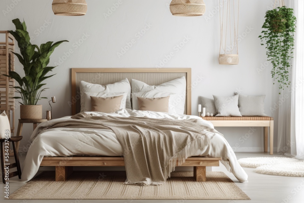 White and beige farmhouse bedroom with wall mockup. Wood and fabric bed. Boho decor,. Generative AI