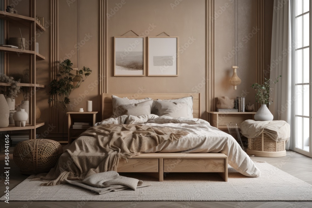 Beige toned bedroom with wood furnishings. wall mockup,. Generative AI