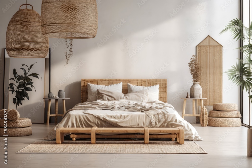 Wooden loft apartment bedroom design with frame mockup,. Generative AI