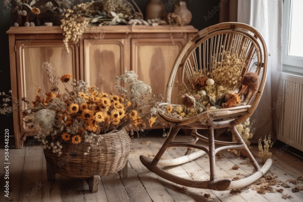 Wicker container with dried flowers near rocking chair on floor. Autumn living room hygge. Nordic in