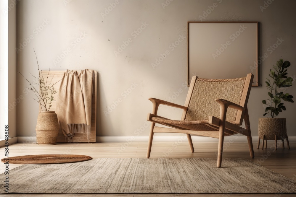 Empty wall mockup with wooden armchair in warm neutral beige room. Boho decor and space. illustratio