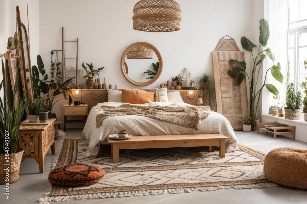 Front picture of boho chic bedroom with comfy bed, cushions, plaid, and green houseplant décor near 