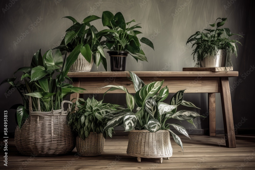 Metropolis. Philodendron and Chinese Evergreen tropical houseplants in basket flower pots on wooden 