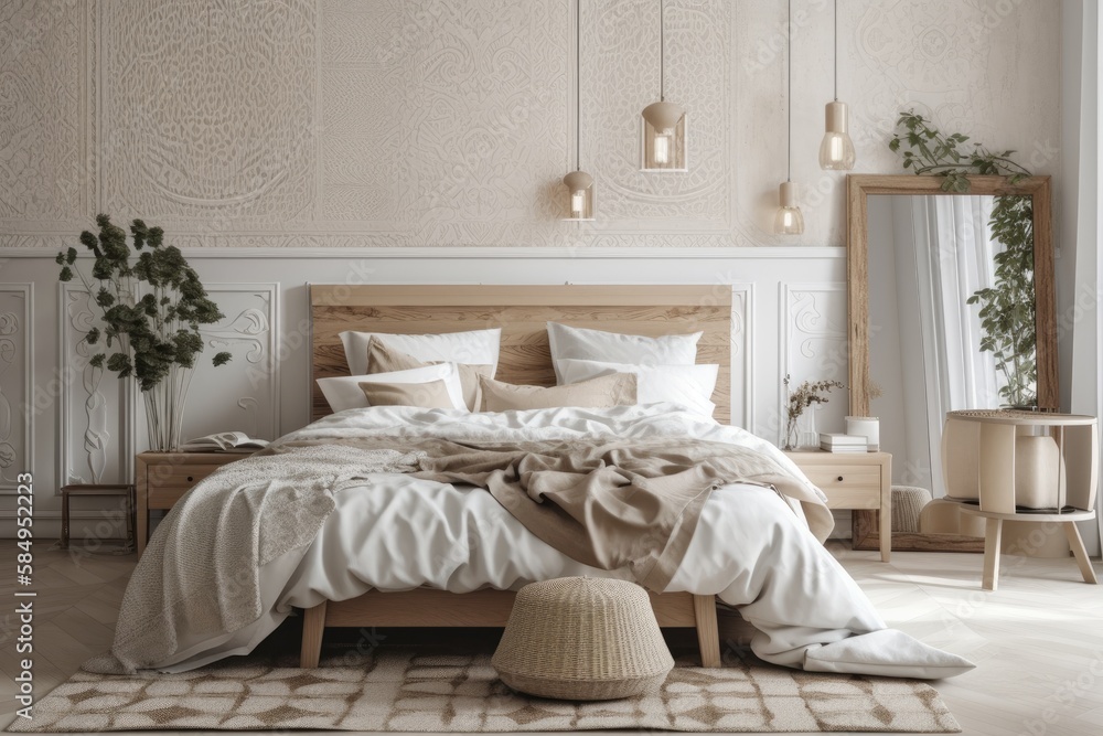 White and beige farmhouse bedroom with frame mockup. Wallpaper and wood furniture. Boho decor,. Gene