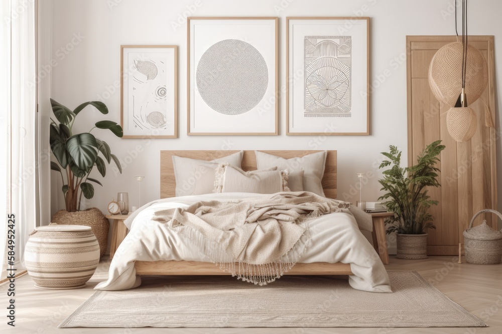 Mock up frame in bedroom decor, beige room with natural wooden furnishings, Scandinavian style,. Gen