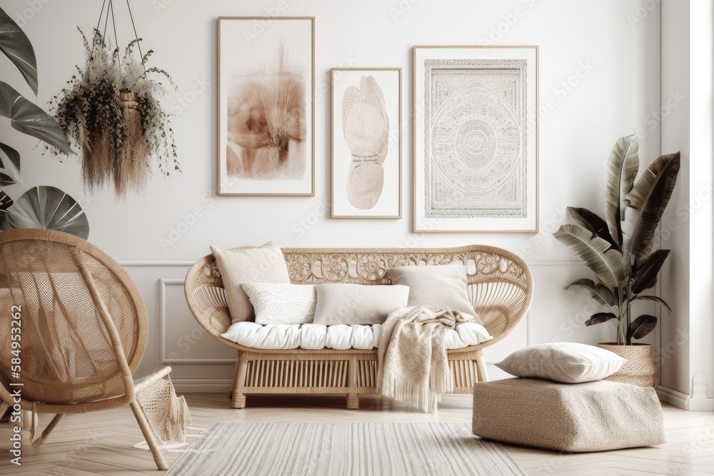 Scandi Boho mockup frame on interior background, soft pastel hues. Generative AI