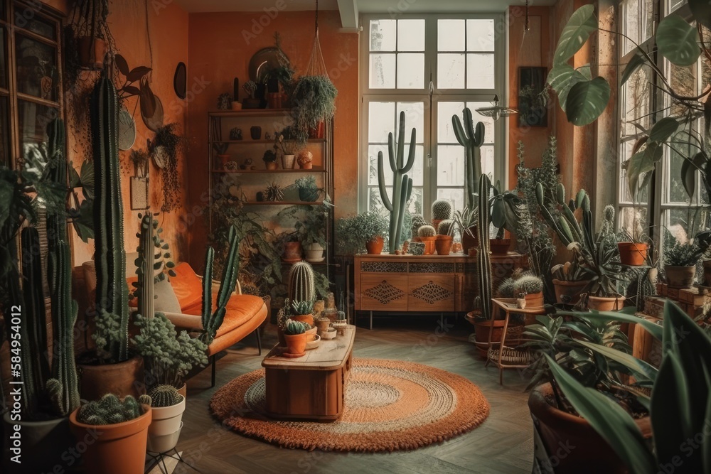 Garden paradise. Boho living room with greenery. Monstera, cactus, succulents. Dessert flowers. Bohe