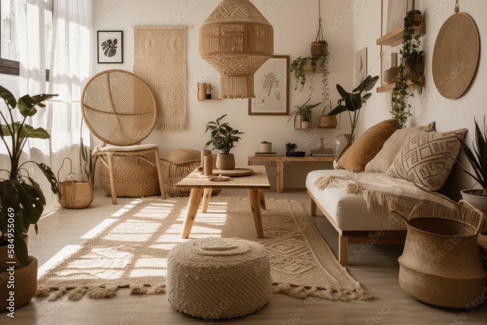 Beautiful zen living room with jute decorations, tripod floor lamp, and beige macrame on white wall.