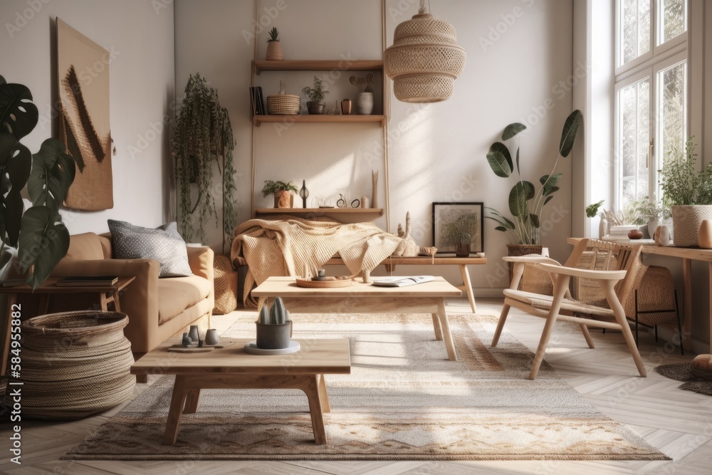 Scandinavian home interior. Boho wooden furniture in living room. illustration. Generative AI