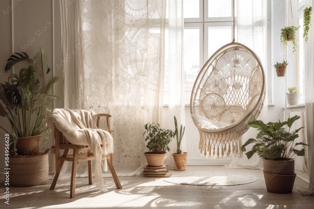 Blurred backdrop, Boho farmhouse living room, potted plants, and lace hanging chair. Shuttered parqu