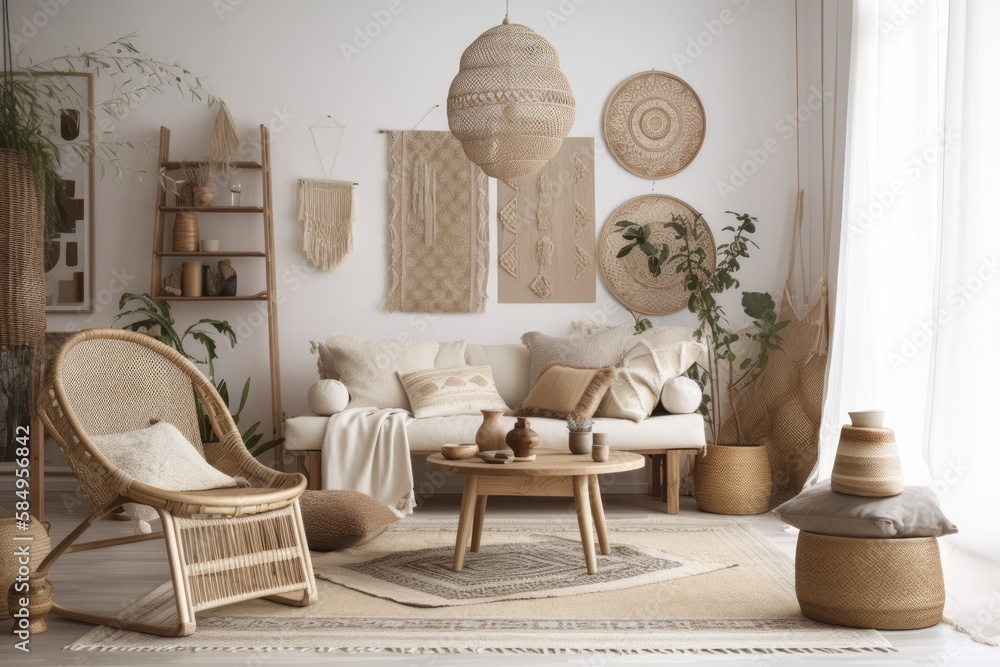 Scandi bohemian home mockup, beige room with natural wooden furnishings. Generative AI