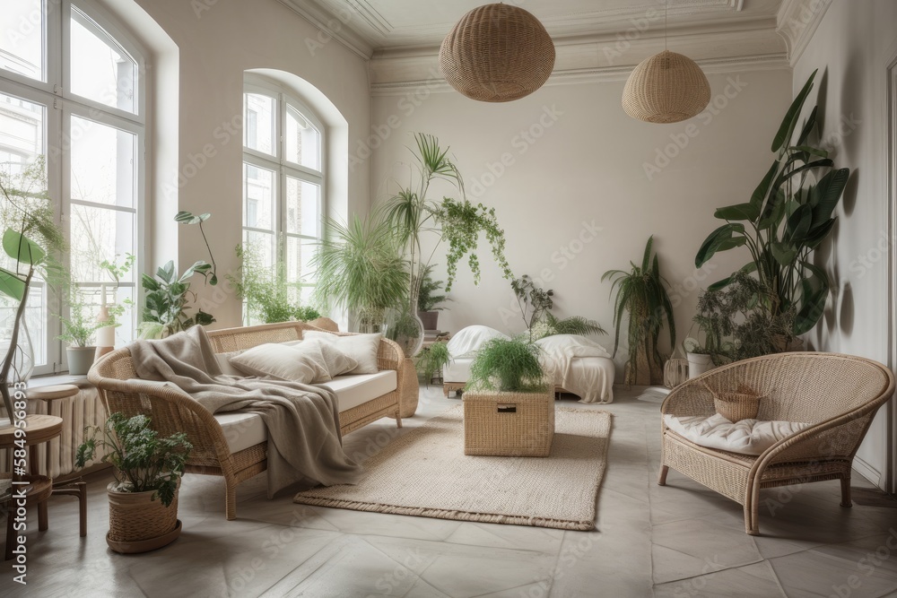 Trendy beige couch and wicker rattan armchair in white wabi sabi loft. Beautiful scandinavian living