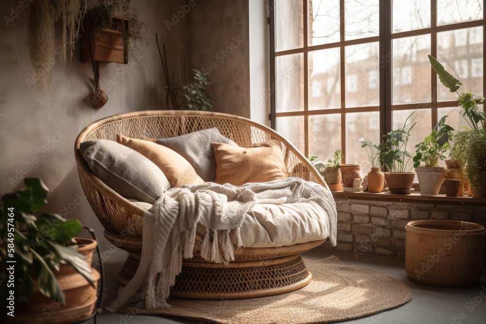 Boho rattan wicker chair with handmade cushion and plaid against a hazy backdrop of a wooden bed and