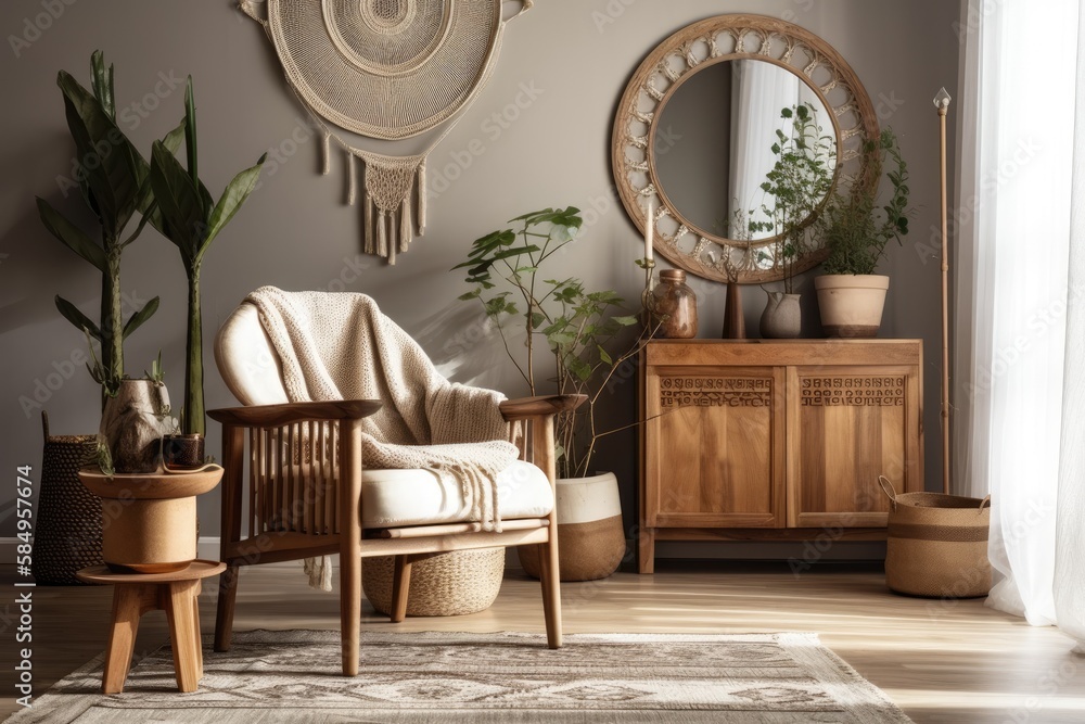 Boho living room with design armchair, wooden antique commode with mirror, flowers in vase, beige ma