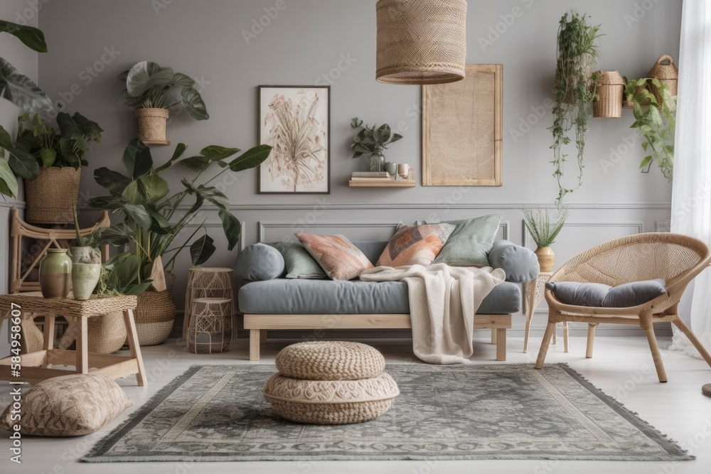 Contemporary boho home design with gray couch, rattan armchair, wooden cube, plaid, cushion, flowers