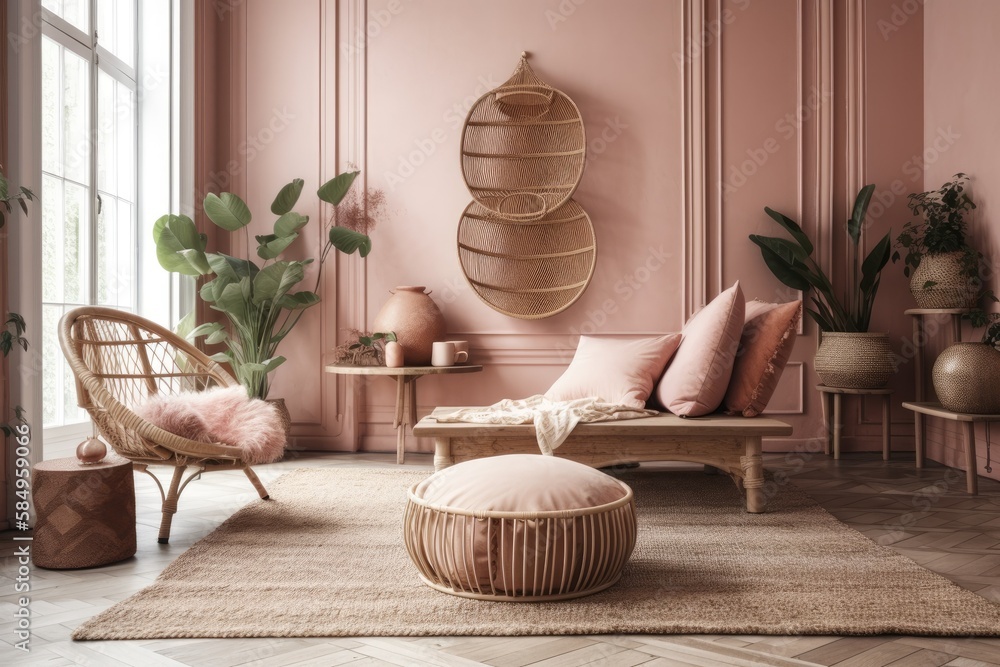 Pink boho living room, cheerful house interior,. Generative AI