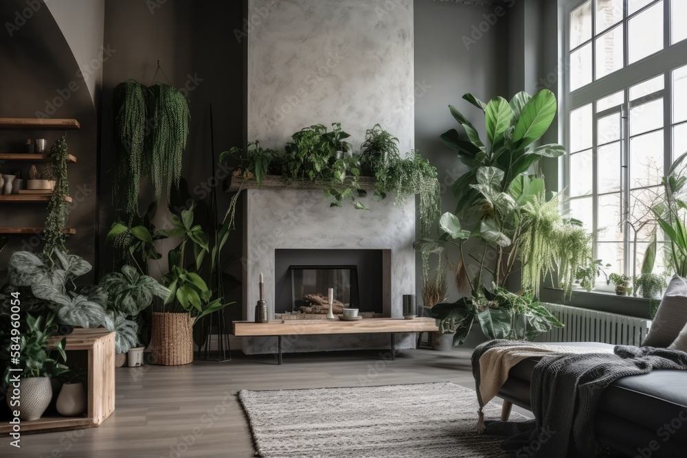 Living area with fireplace and green plants. Generative AI