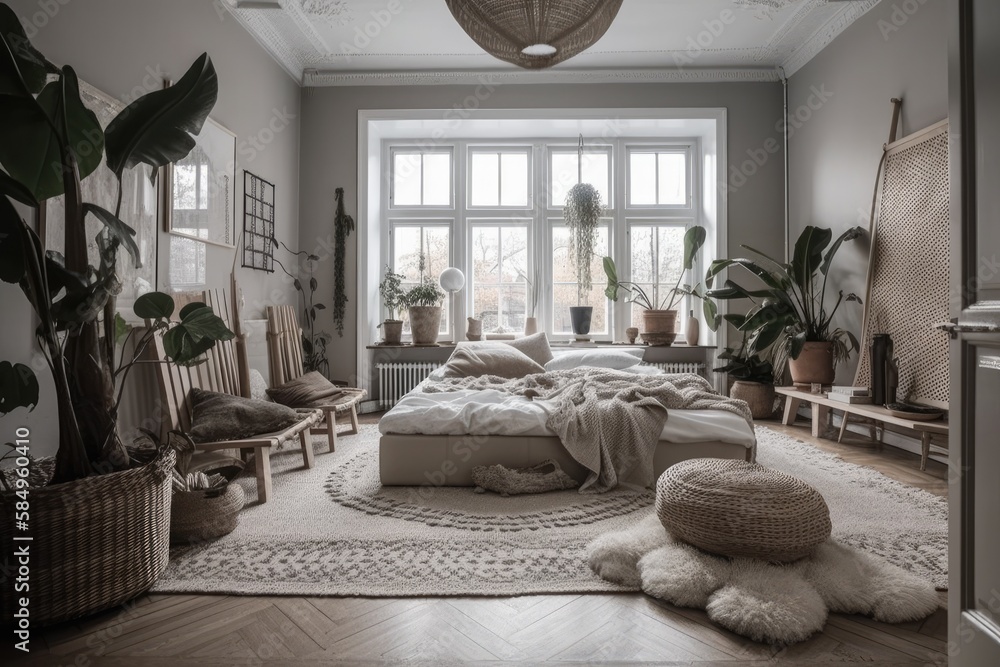 Scandinavian bohemian living room bedroom. ,. Generative AI