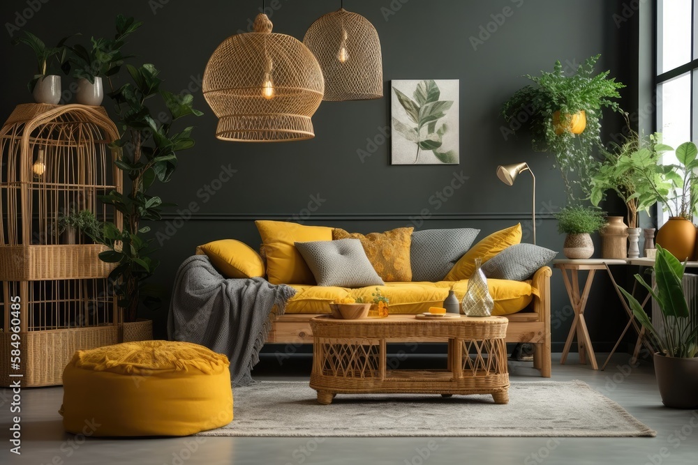 Gray couch, wooden cube, flowers, cushion, macrame, yellow pouf, rattan lamp, basket, plants, and st