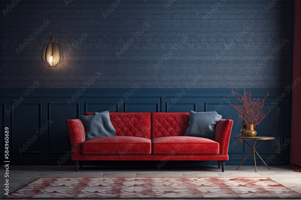 Living room mock up with red couch, wooden table, and rattan home furniture with dark blue backdrop,