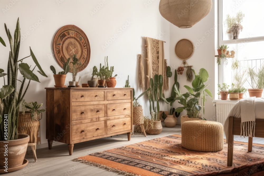 Vertical shot of pleasant room with wooden dresser, ethnic rug, and cactus plants in baskets against