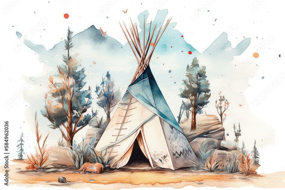 Hand drawn watercolor indigenous teepee, solitary white campground tent. Bohemian American wigwam. B