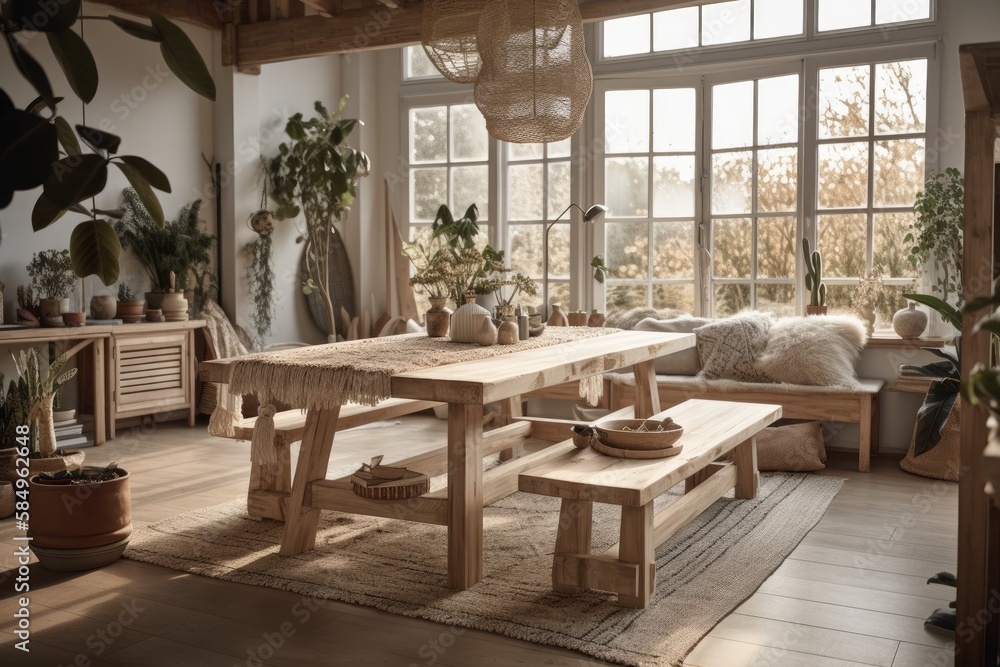 Bohemian dining table closeup, bohemian living room with couch in bleached wooden mezzanine with gab