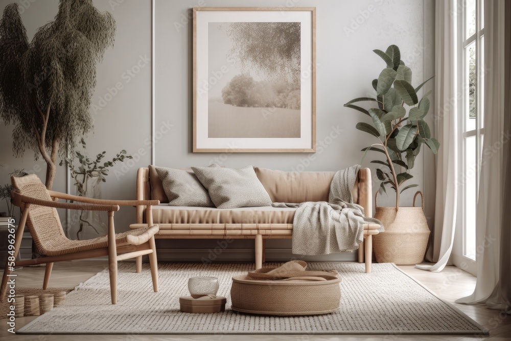 Scandi Boho mockup frame on interior background, soft pastel hues. Generative AI