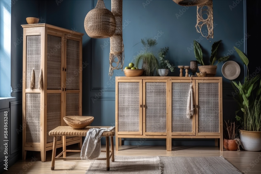 Boho style gray basic furniture with rattan doors. Generative AI