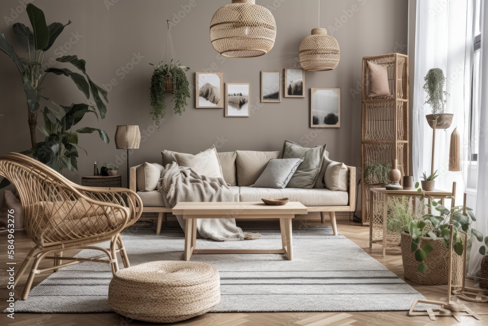 Gray couch, rattan armchair, cube, plaid, cushions, dried plants, macrame, and stylish decorations i