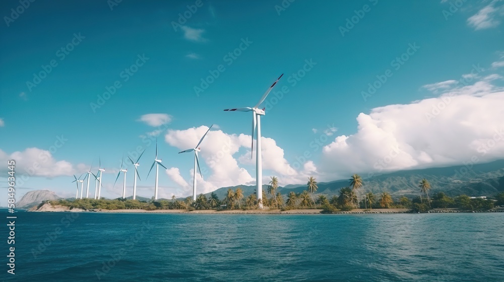 Windmill farm on the tropical ocean shore, windmills on a sunny day. Generative AI