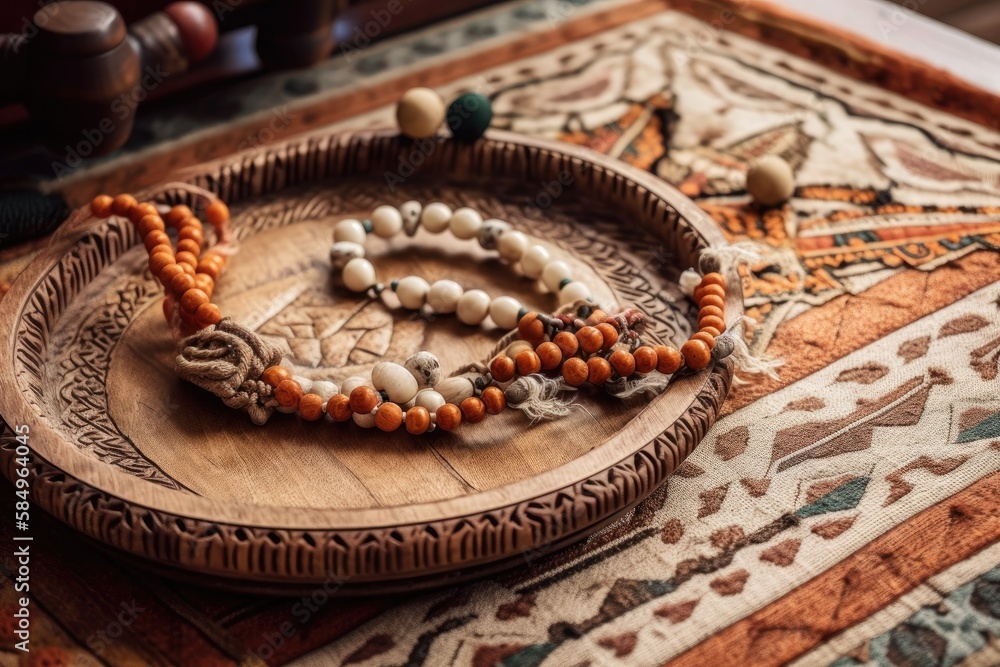 White rosary beads on carved wooden dish on ethnic colorful carpet on hazy copy space backdrop. Top 