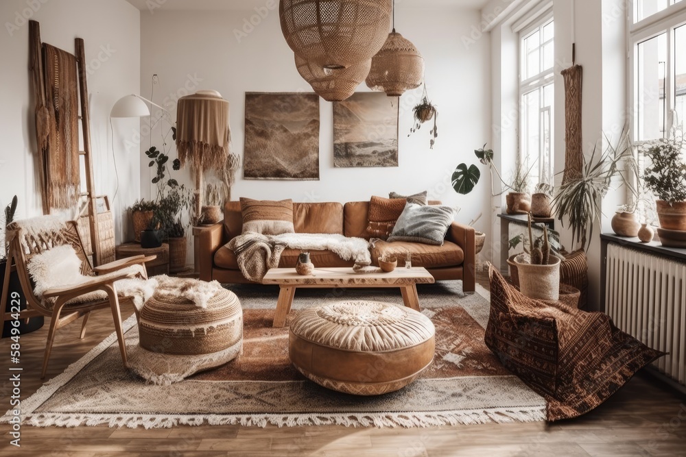 Bright bohemian living room. Decor. Generative AI