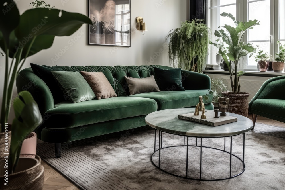 Boho living room with green velours sofa, white cushions, coffee table with flower in ceramic vase, 