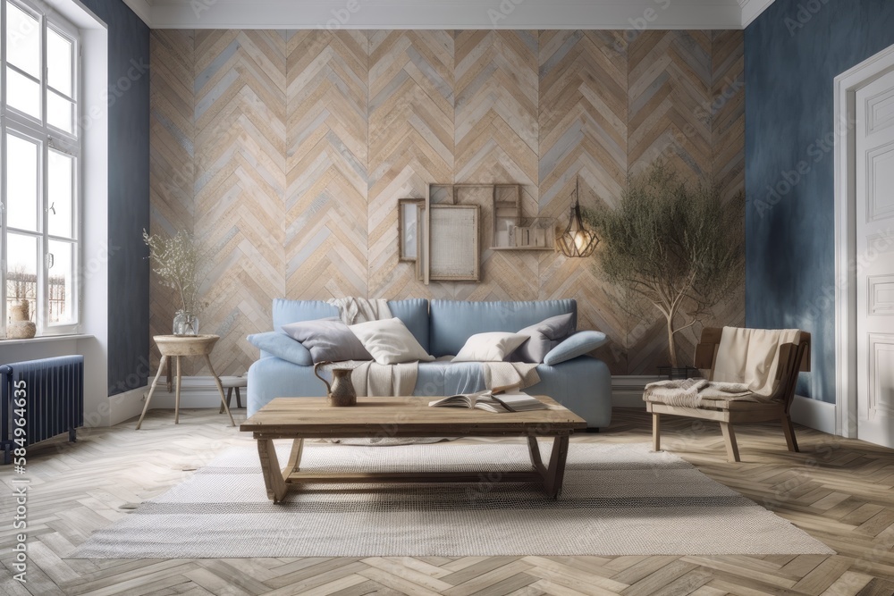 Farmhouse living room with blue and beige herringbone parquet and wallpaper. Decor, sofa, and jute c