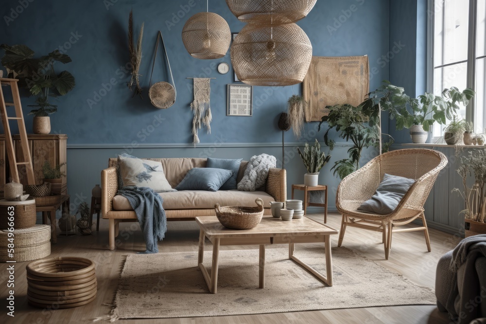 Blue and beige farmhouse living room with rattan furniture, parquet floor, and wallpaper. Boho decor